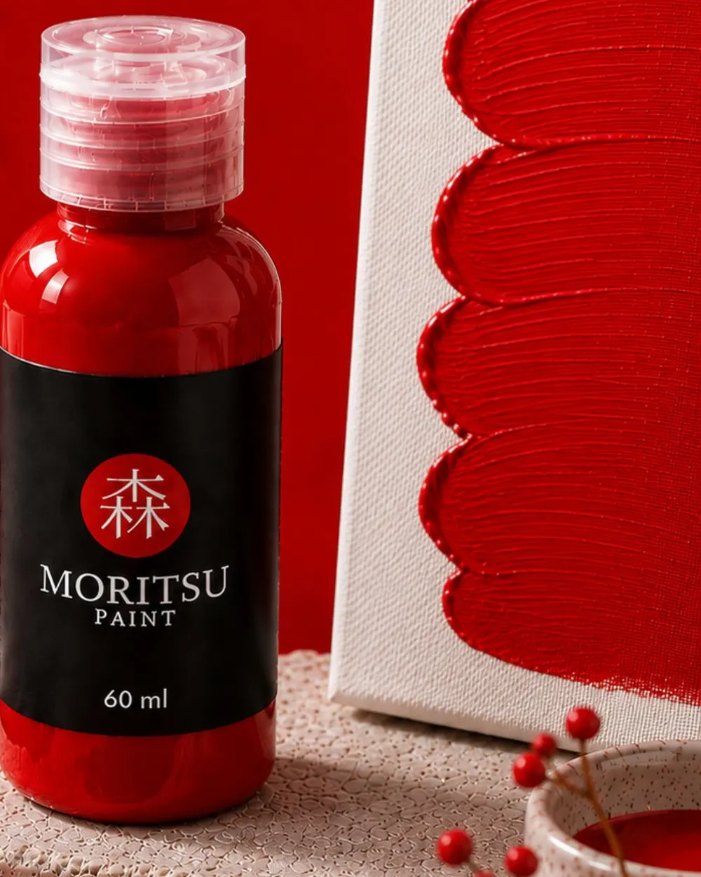 Botol Moritsu Premium Acrylic Paint 60 ml warna Crimson Red dengan label hitam di depan sapuan cat merah
