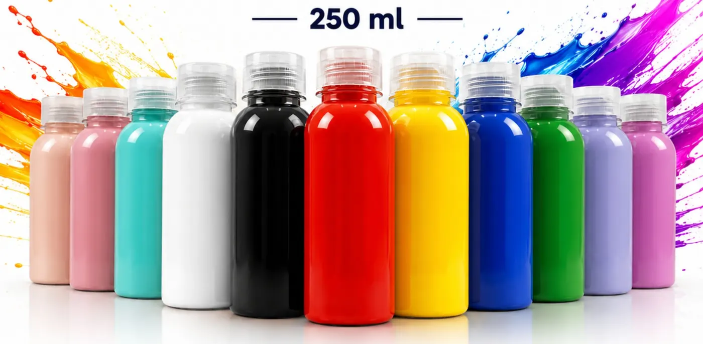 Deretan botol Moritsu Student Acrylic Paint 250 ml polos dalam berbagai warna