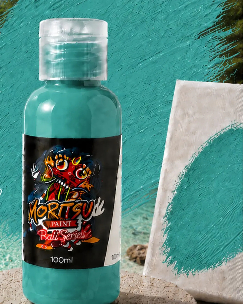 Botol Moritsu Bali Series Acrylic Paint 100 ml warna Amed Lagoon dengan label bergambar khas Bali