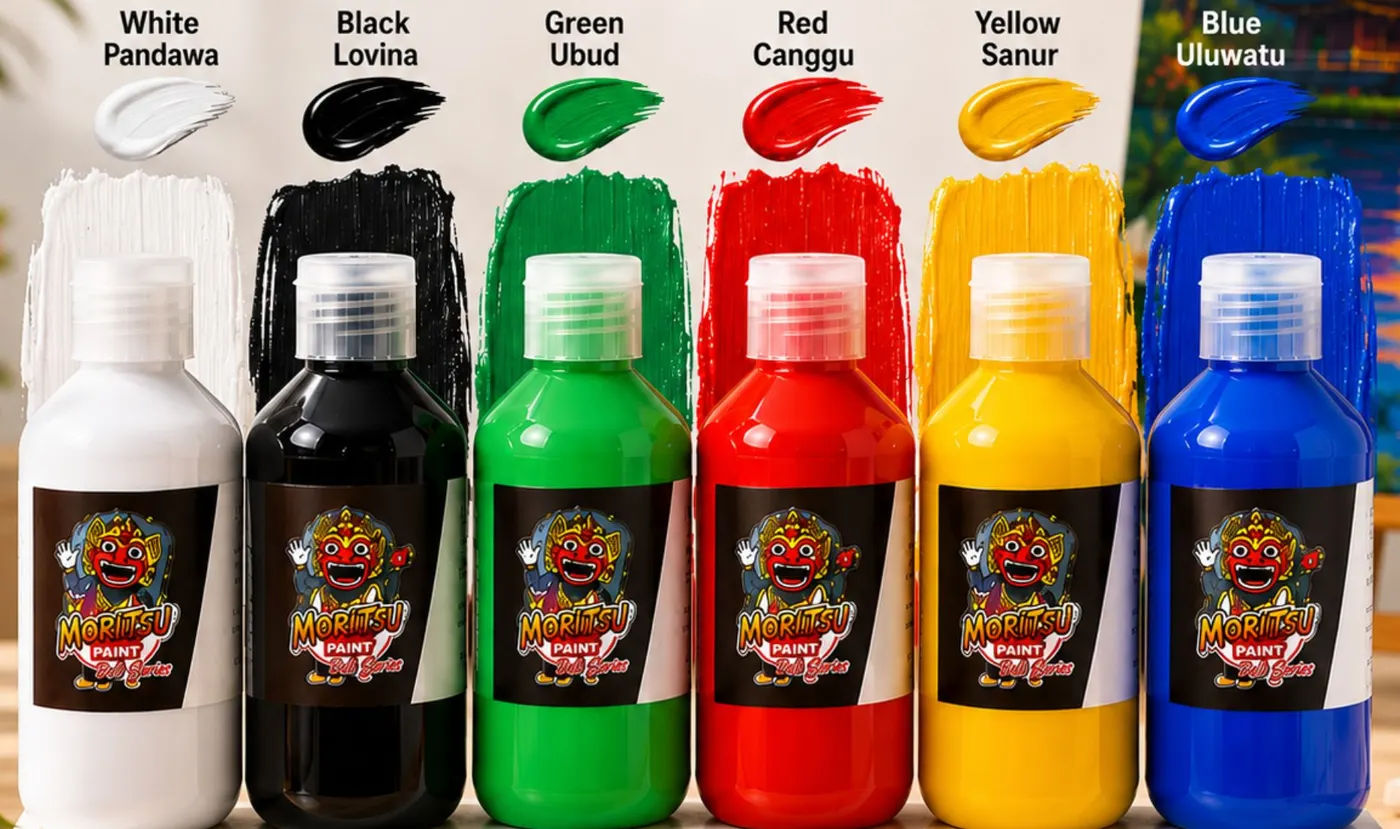 Paket Moritsu Bali Series 6 warna dasar botol 200 ml: White Pandawa, Black Lovina, Green Ubud, Red Canggu, Yellow Sanur, Blue Uluwatu