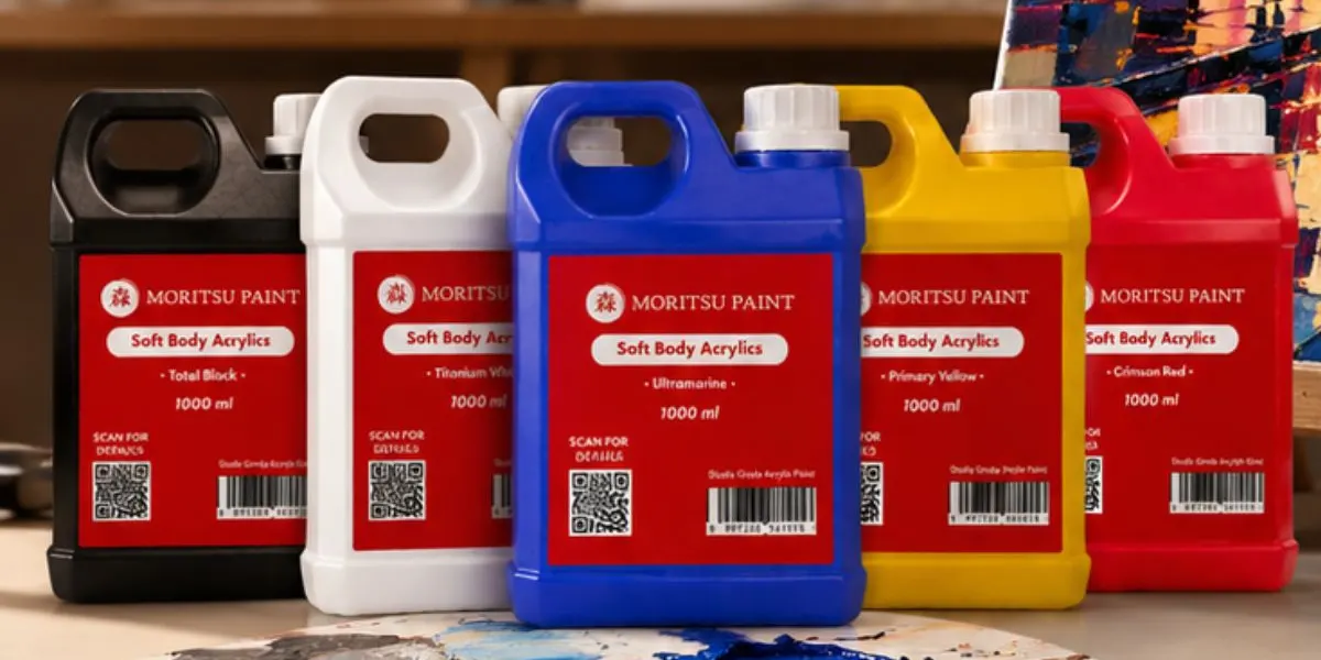 Lima jeriken Moritsu Premium Acrylic Paint 1 L berlabel merah: Total Black, Titanium White, Ultramarine, Yellow Primary, Crimson Red