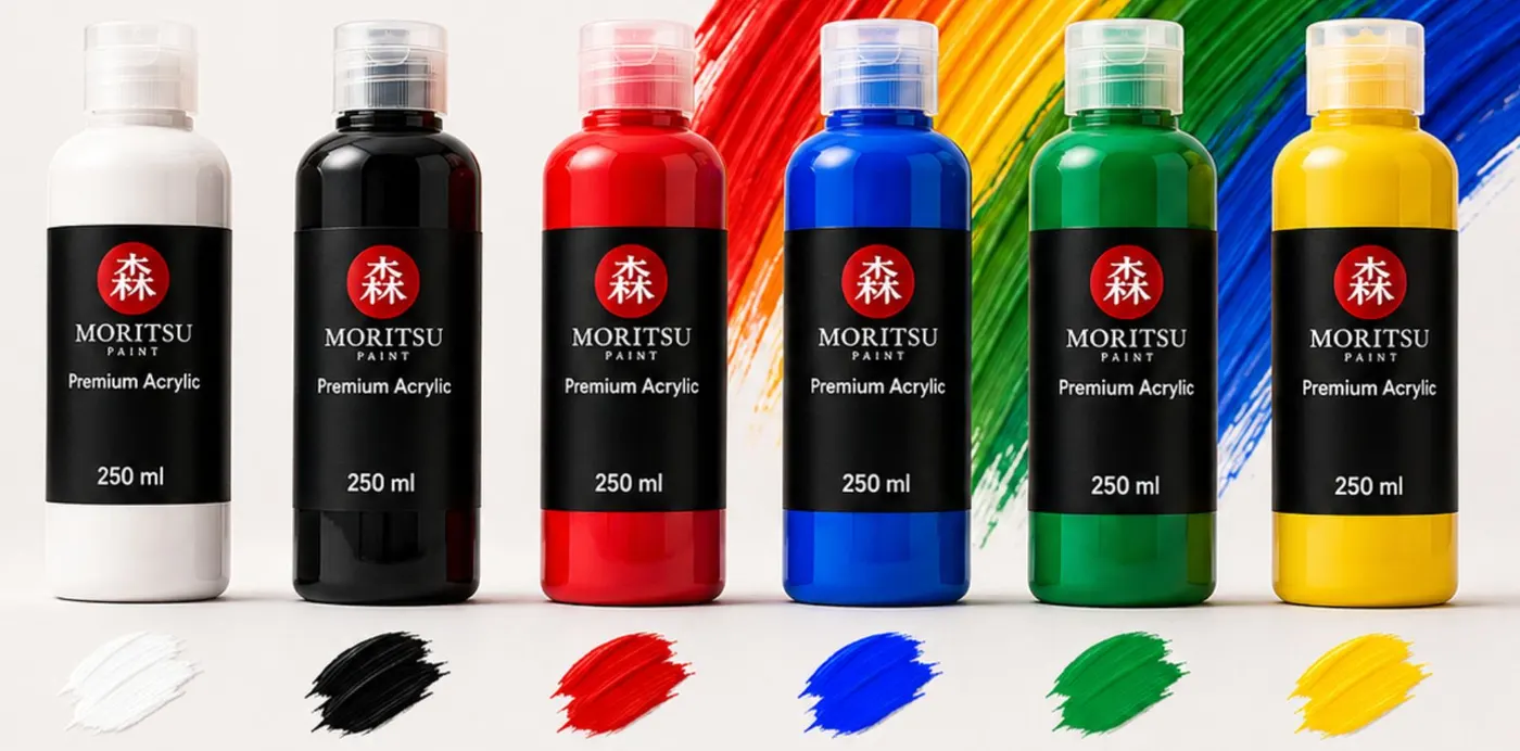 Enam botol Moritsu Premium Acrylic Paint 250 ml berlabel hitam: White, Total Black, Crimson Red, Ultramarine, Emerald Green, Yellow Primary