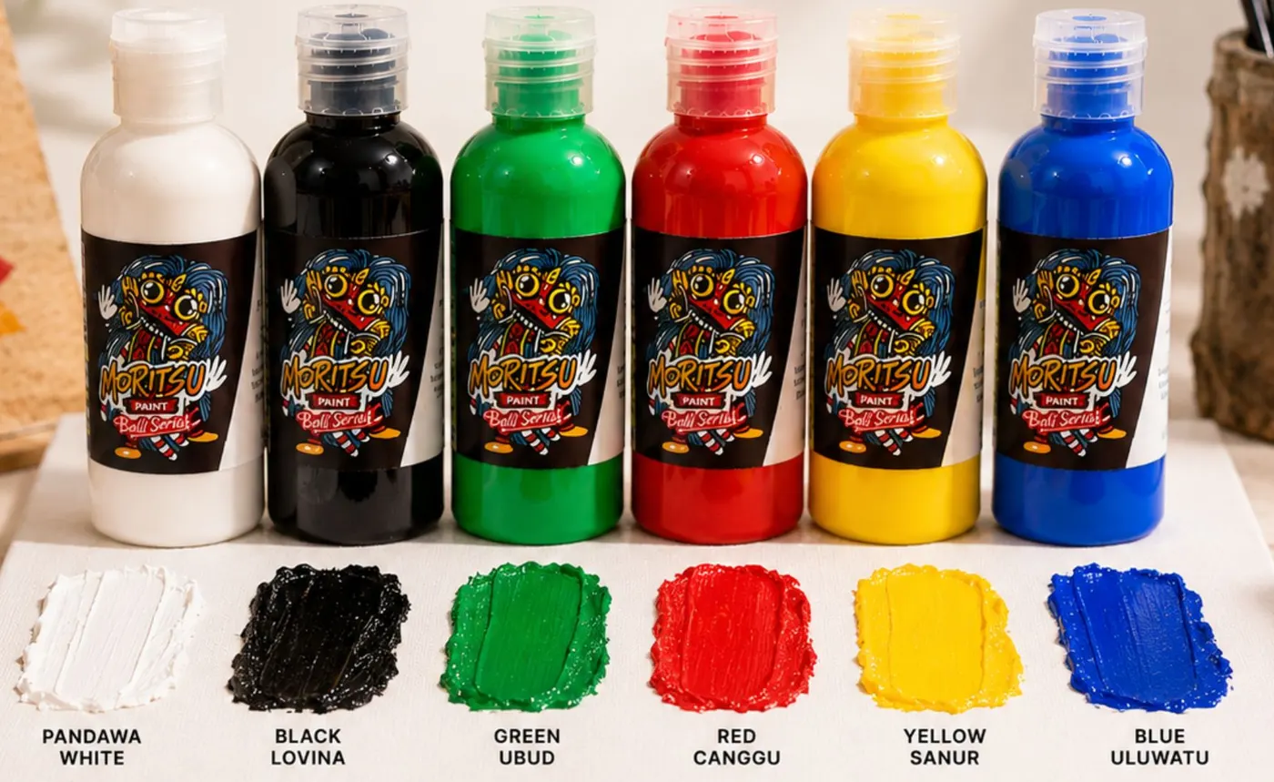 Paket Moritsu Bali Series 6 warna dasar botol 60 ml: White Pandawa, Black Lovina, Green Ubud, Red Canggu, Yellow Sanur, Blue Uluwatu